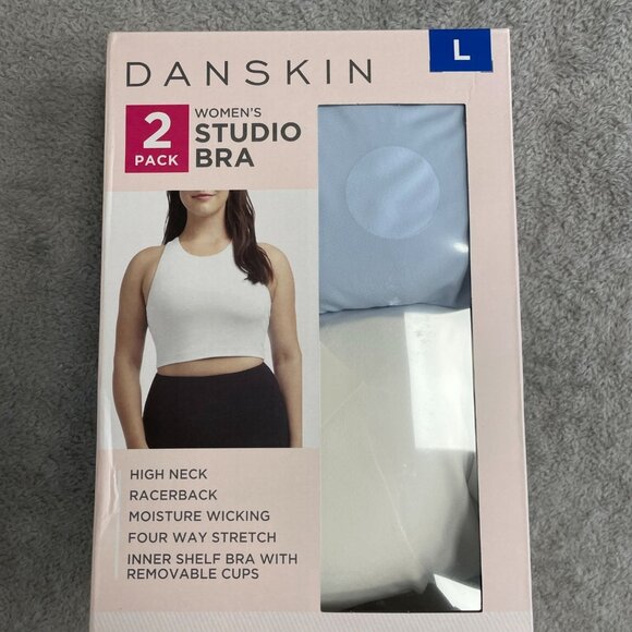NEW Danskin Women's L Studio Bra 2-Pack High Neck Racerback Blue White - Picture 4 of 6